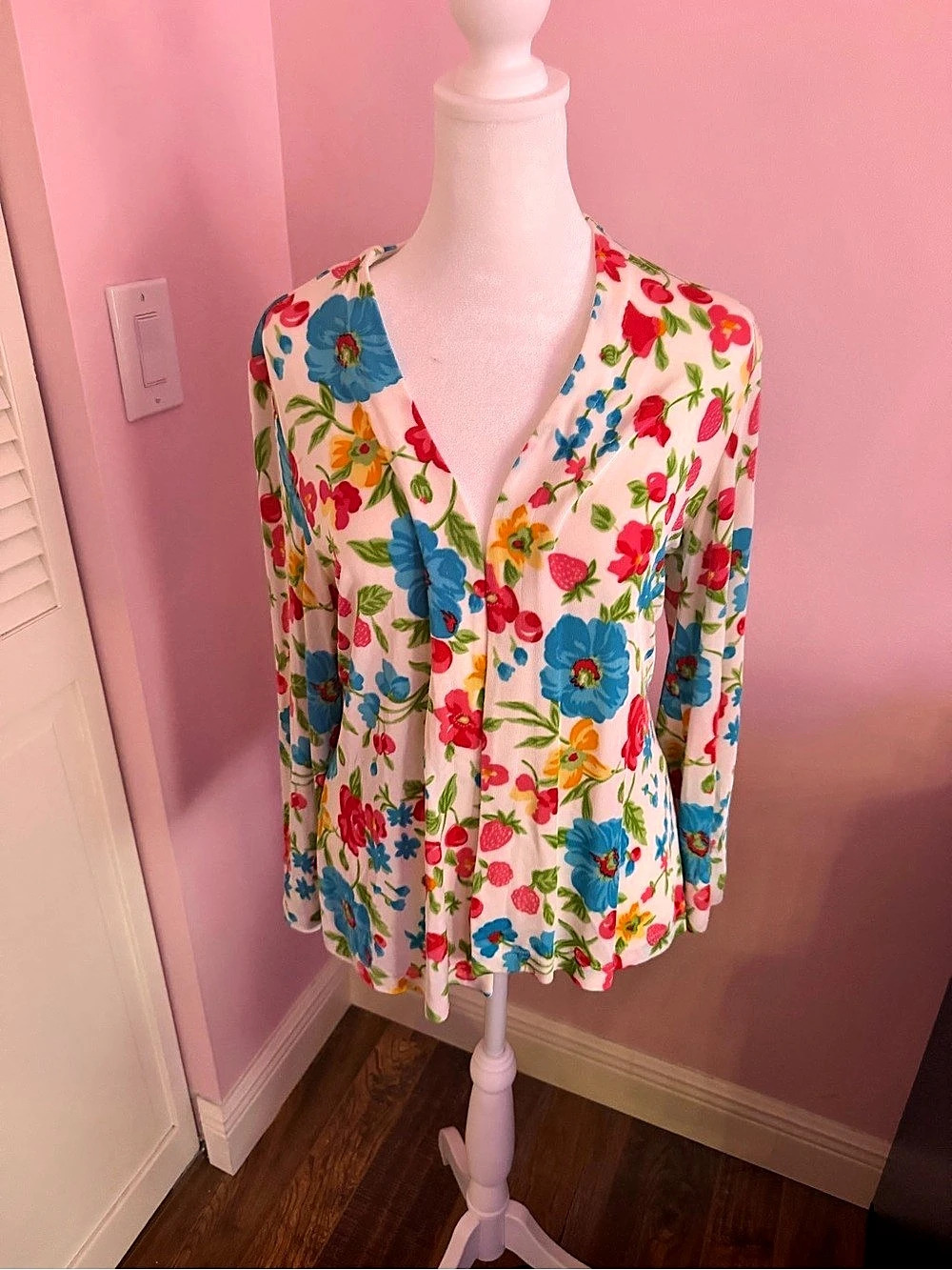Floral Open Front Cardigan in White & Blue Like New